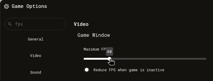 In-game Options Video tab with the Maximum FPS slider highlighted.