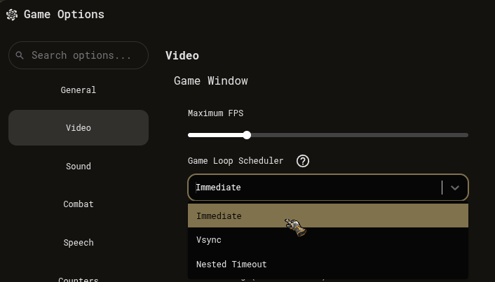 In-game Options Video tab with Game Loop Scheduler set to Immediate.